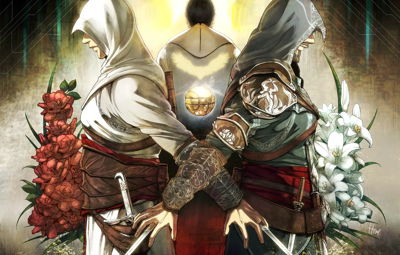 Photo wallpaper flowers, blade, Assassin's Creed, assassin, hinoe (artist), Desmond Miles, Altair Ibn La-Ahad, Ezio Auditore da …
