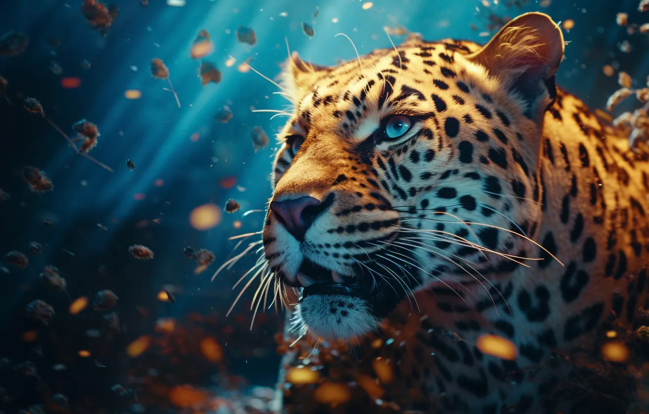 Photo wallpaper look, face, rays, light, portrait, Jaguar, blue background, blue background