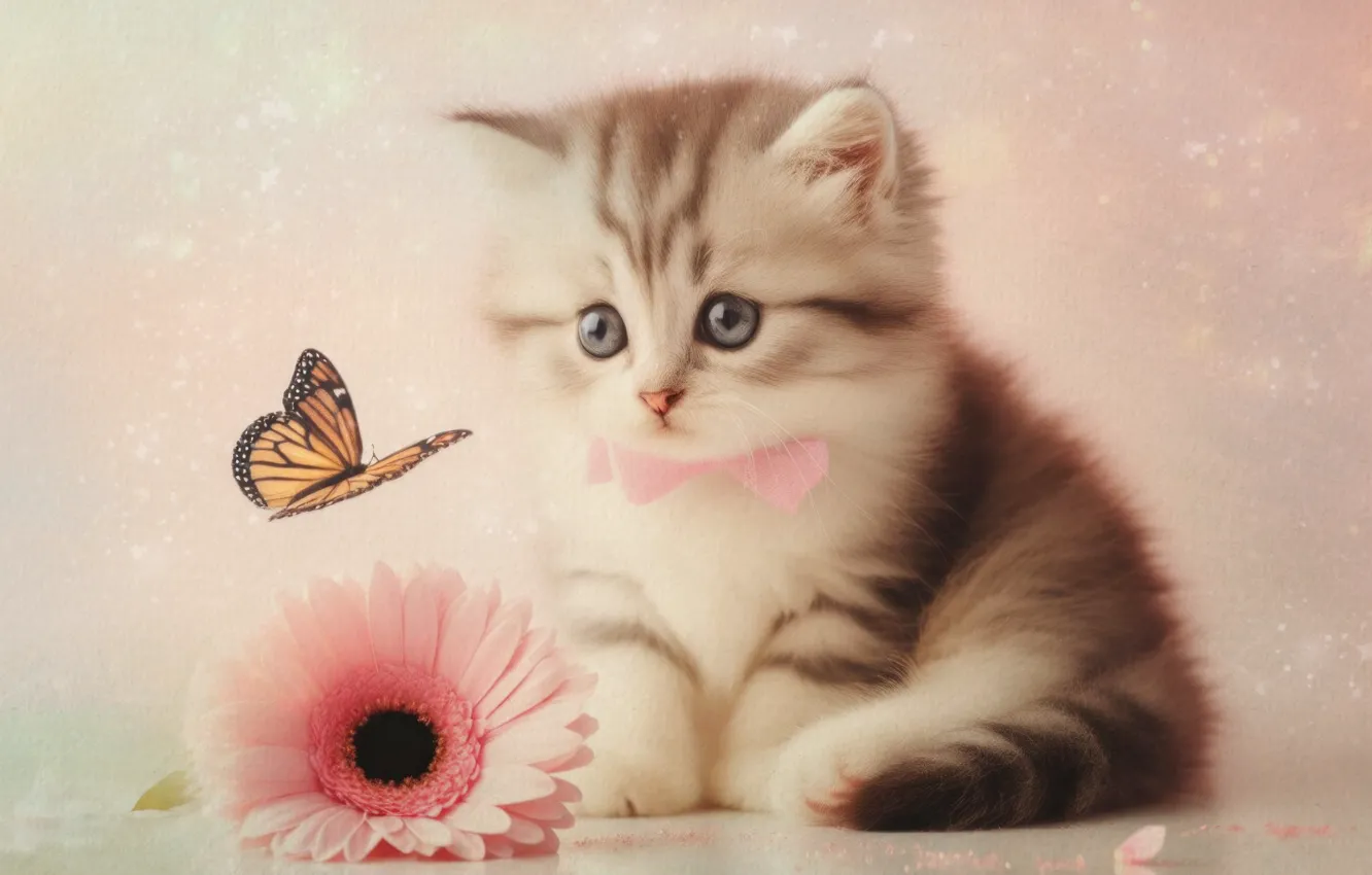 Photo wallpaper flowers, butterfly, art, kitty