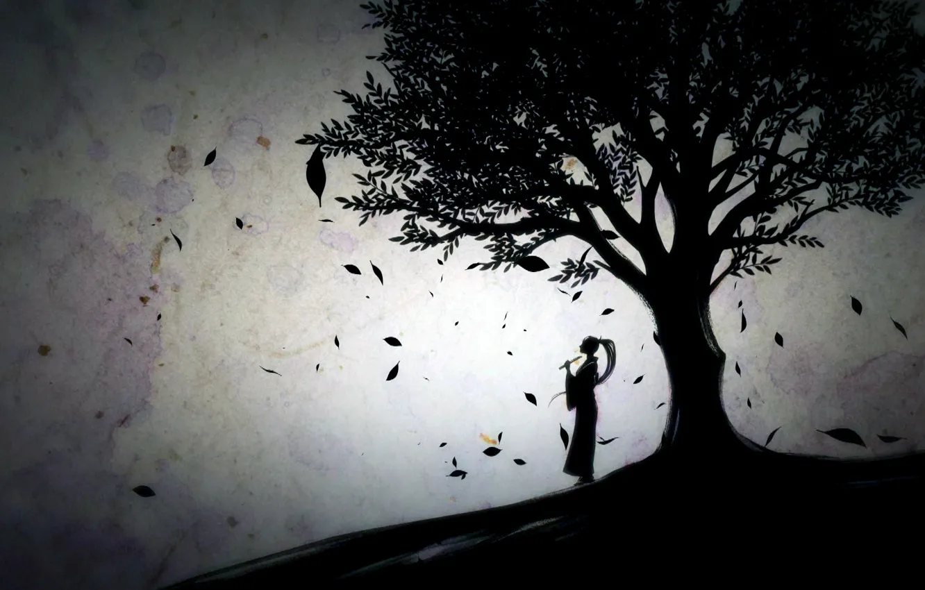 Photo wallpaper girl, game, trees, leaves, digital art, artwork, silhouette, flute