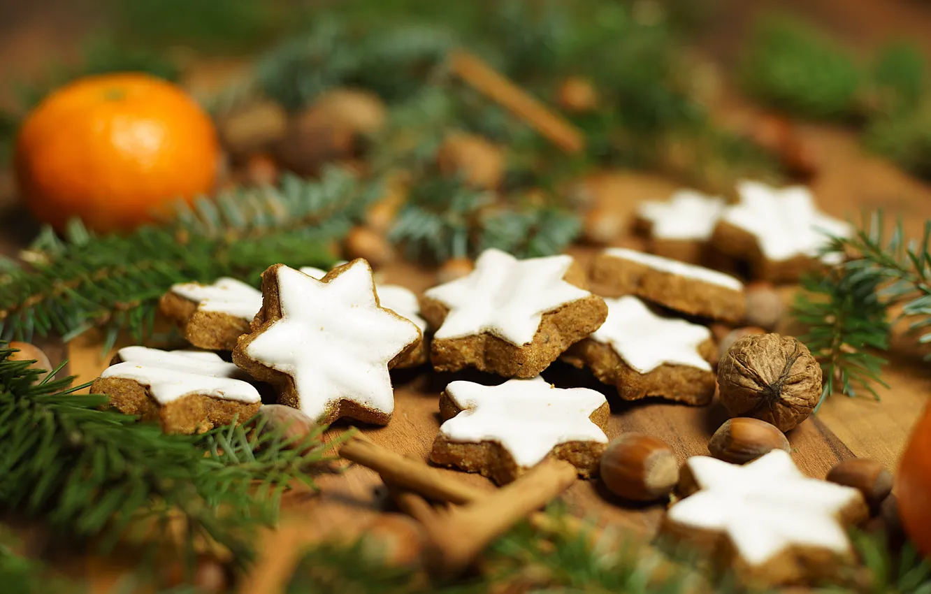 Photo wallpaper new year, cookies, nuts, tangerines, treat