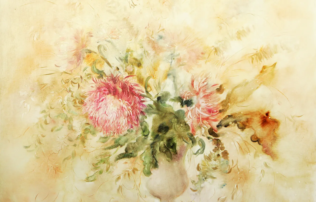 Photo wallpaper flowers, vase, Flowers, Still life, chrysanthemum, Sfumato, gift painting, Petrenko Svetlana