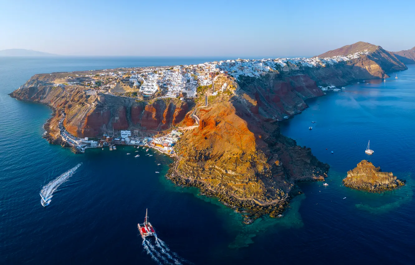 Photo wallpaper sea, coast, houses, boats, Santorini, Greece, aerial view