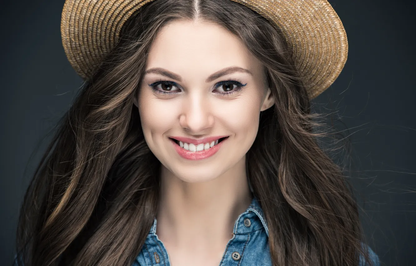 Photo wallpaper look, close-up, smile, background, portrait, hat, makeup, hairstyle