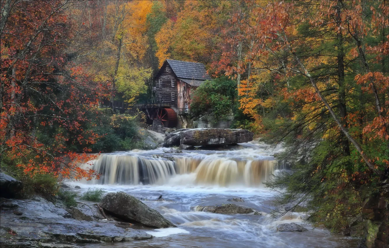 Photo wallpaper autumn, river, stream, USA, Babcock State Park, water mill, New River Gorge, County Fayette