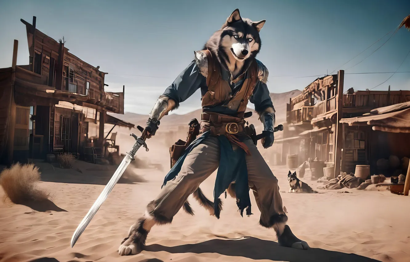 Photo wallpaper weapons, wolf, home, dog, dust, town, werewolf, Western