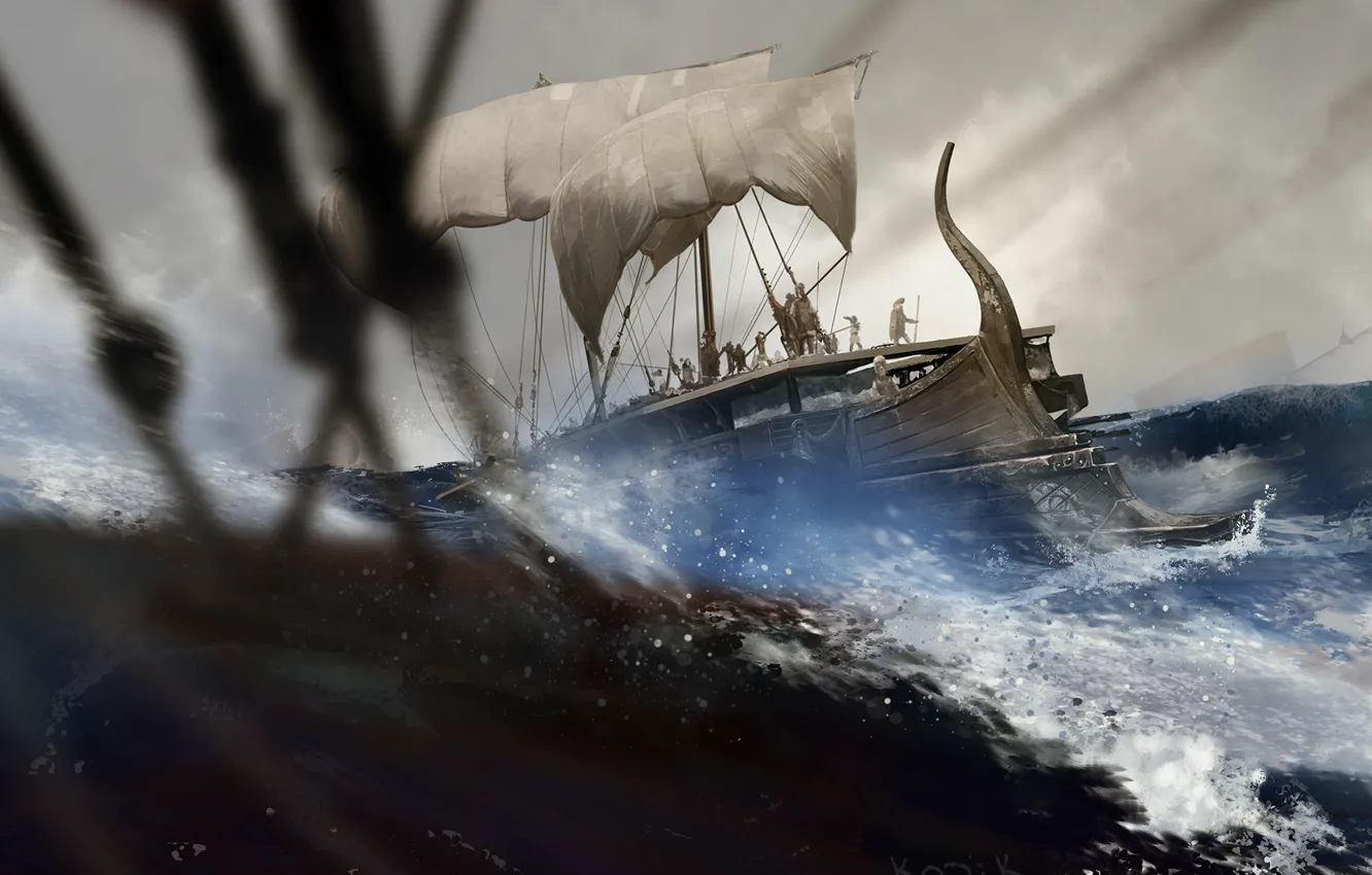 Photo wallpaper wave, storm, ship, warriors, Trireme