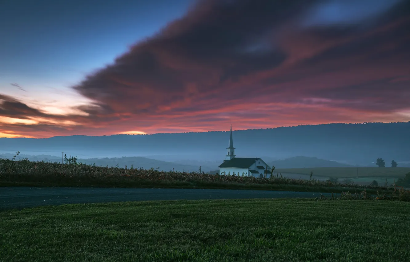 Photo wallpaper field, fog, Church, twilight