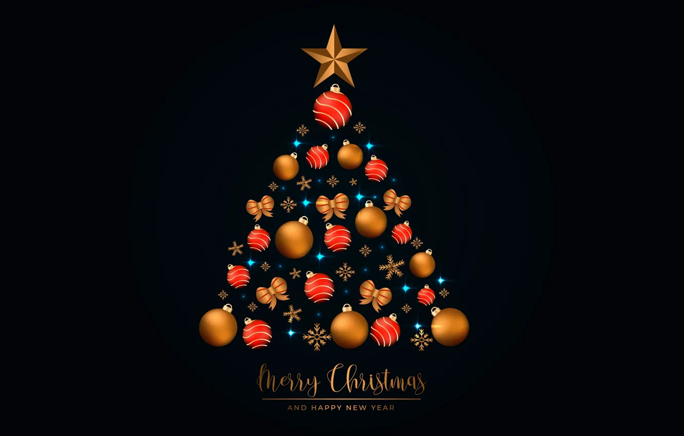 Photo wallpaper decoration, gold, tree, new year, Christmas, golden, black background, Christmas