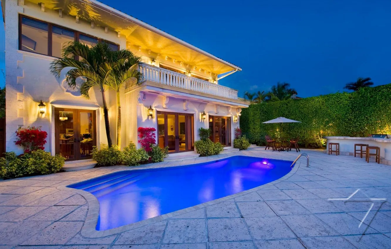Photo wallpaper Villa, the evening, pool, lighting, architecture, terrace
