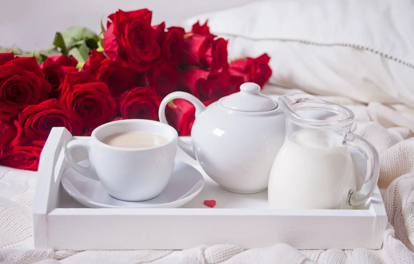 Photo wallpaper romance, coffee, roses, Breakfast, morning, tray, Zulfiska
