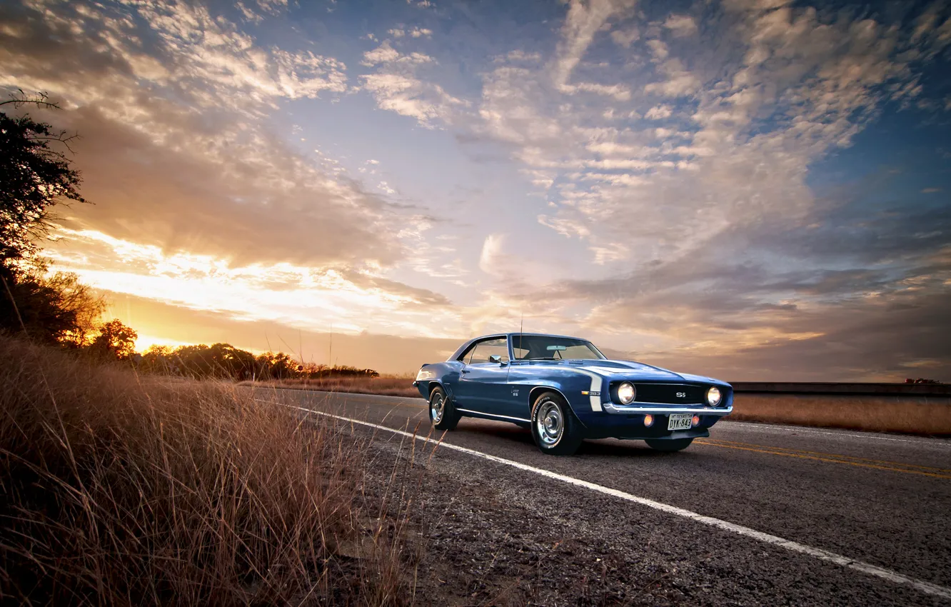 Photo wallpaper road, 1969, Camaro, Classic, chevrolet, blue, American, Muscle heaven