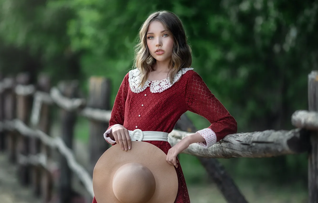 Photo wallpaper girl, nature, hat, dress, brown hair, fence, Anastasia Barmina, Anastasia Barmina