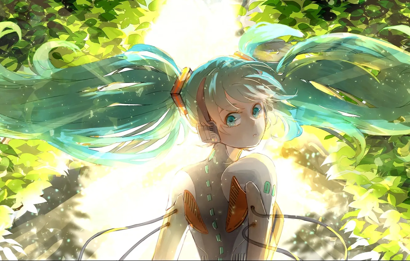 Photo wallpaper leaves, girl, trees, wire, headphones, art, vocaloid, hatsune miku