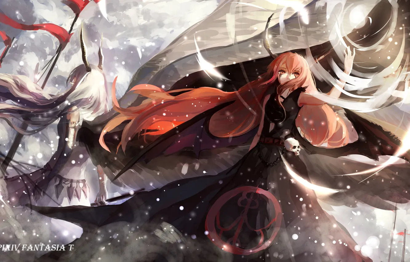 Photo wallpaper the sky, girl, clouds, wings, anime, flag, art, horns