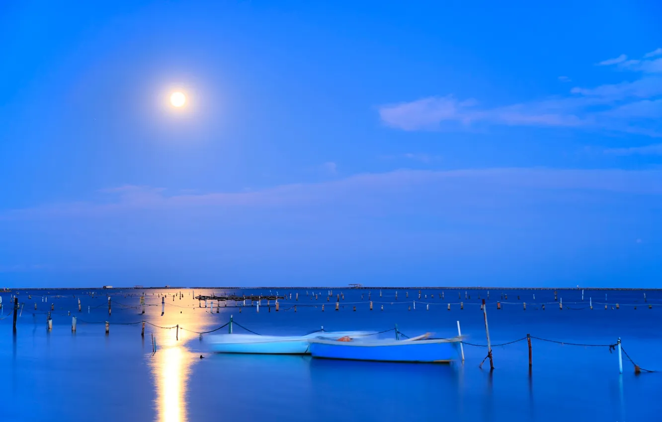 Photo wallpaper sea, the sky, boats, The moon