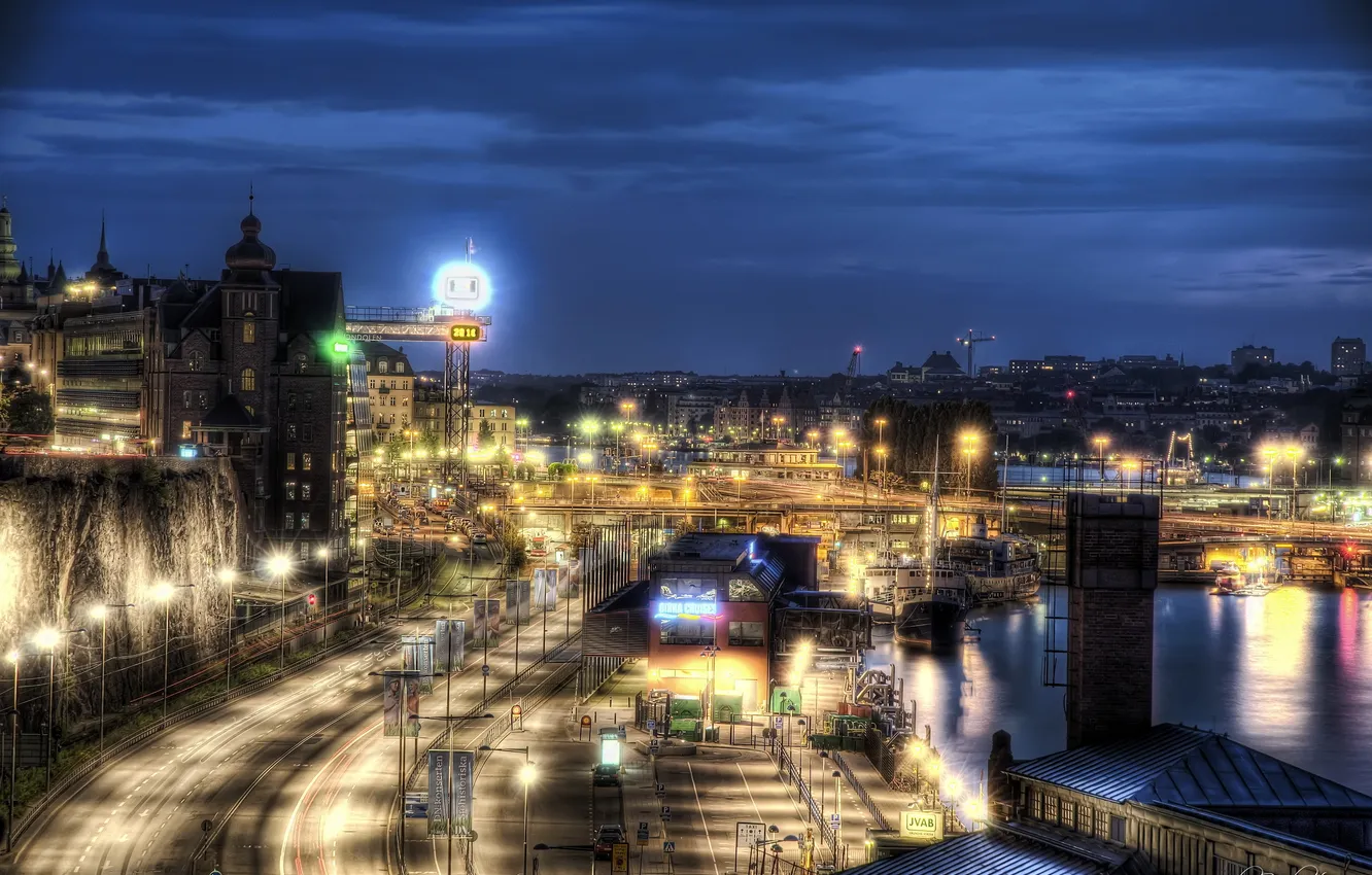 Photo wallpaper night, the city, photo, road, HDR, lights, Sweden, stockholm