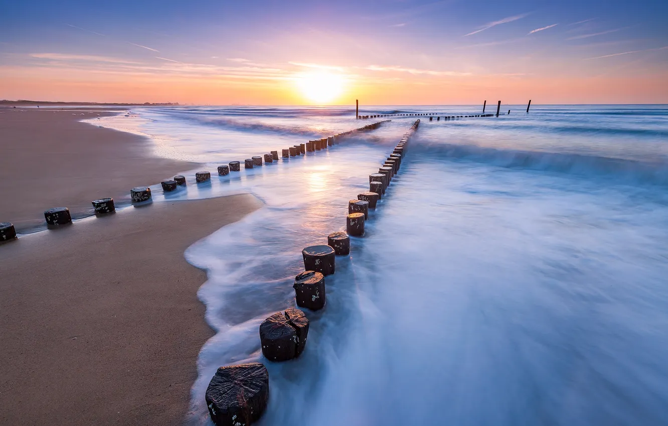 Photo wallpaper Sunset, Netherlands, Zeeuws-vlaanderen, Beach of Cadzand-bad