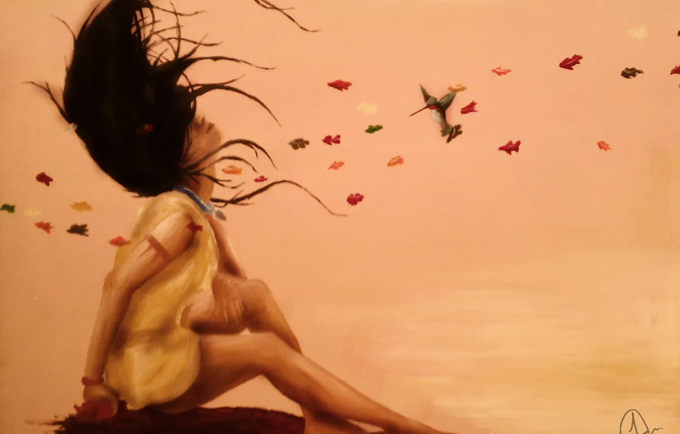 Photo wallpaper leaves, girl, pose, background, black, hair, dress, profile