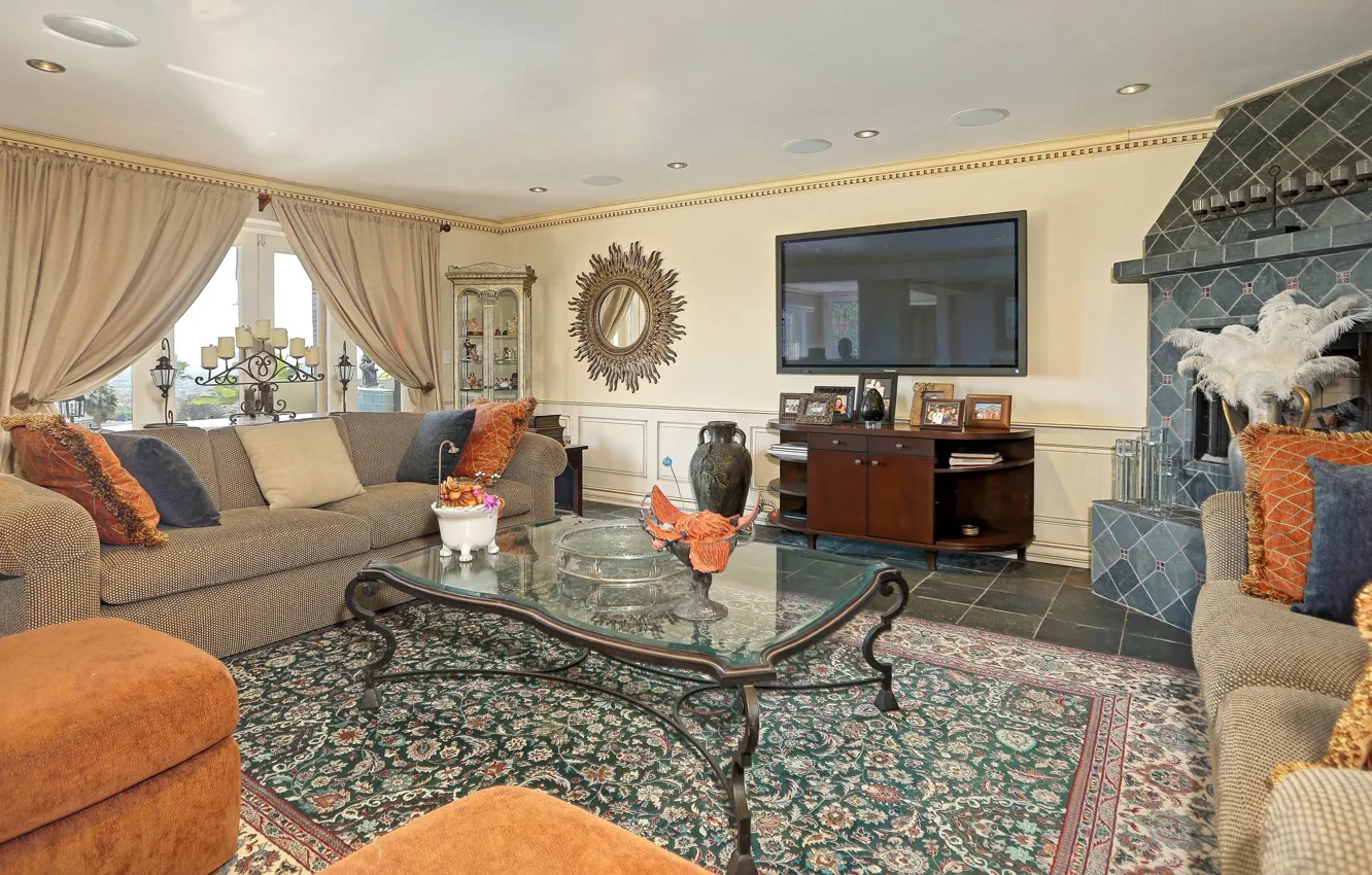 Photo wallpaper design, interior, fireplace, living room, Mediterranean Style, Barry Manilow home, Barry Manilow's Mediterranean-style house