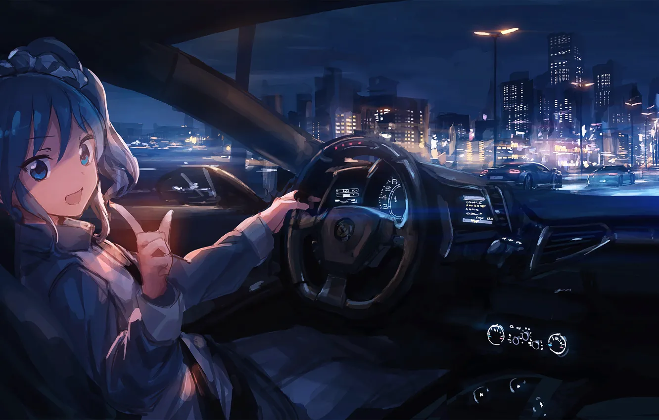 Photo wallpaper road, anime, devices, night city, gesture, road, anime, driving