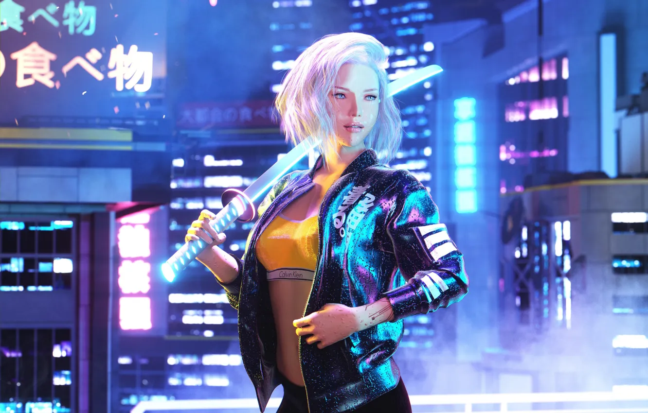 Photo wallpaper night, pose, future, the game, technology, katana, game, blue eyes