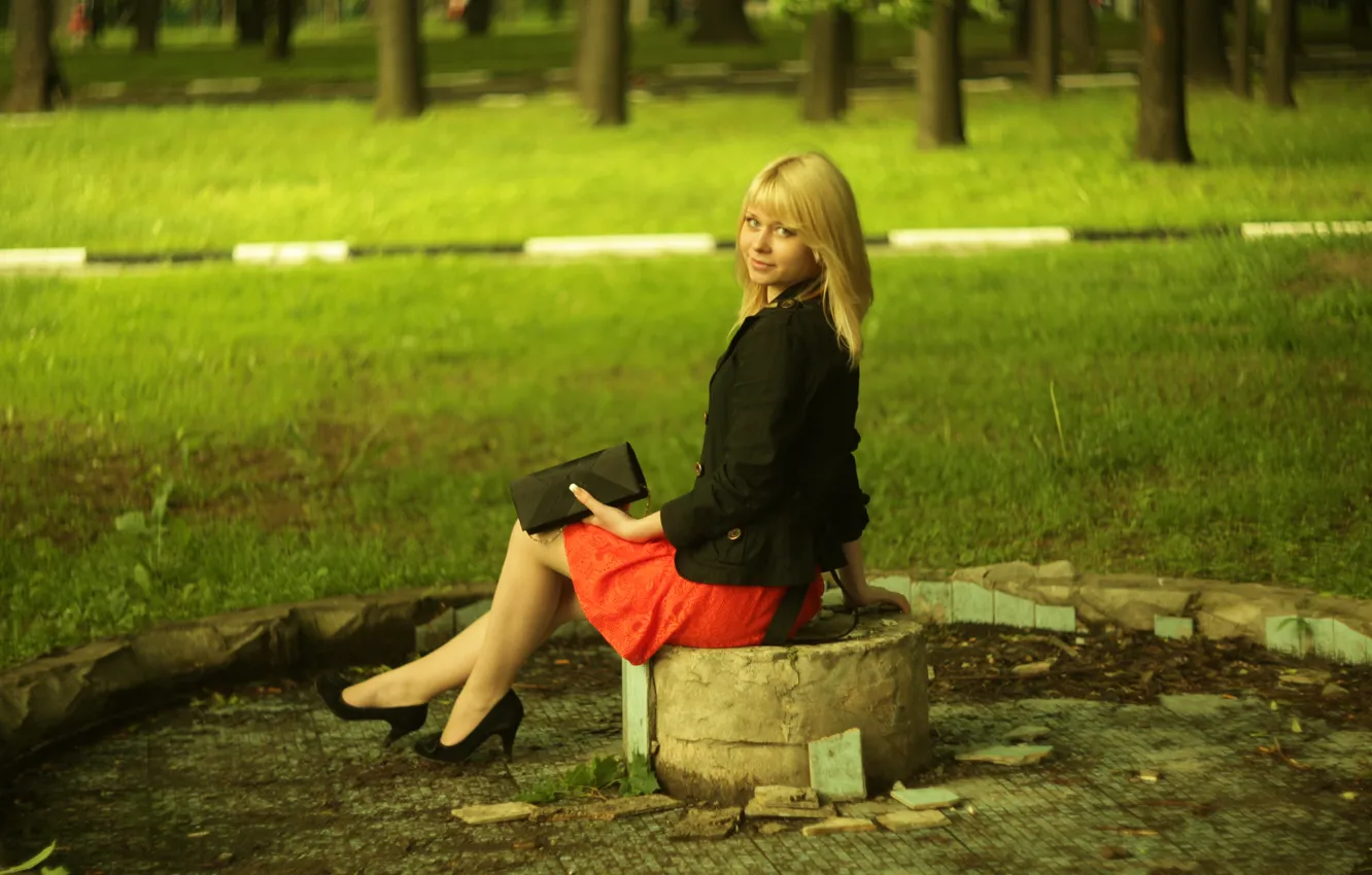 Photo wallpaper Girl, blonde, sitting, dress