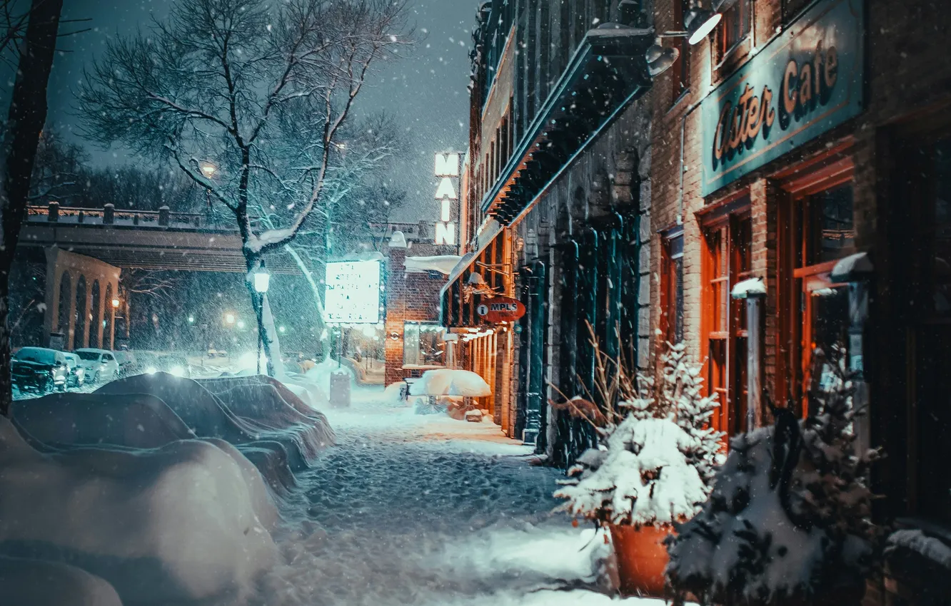 Photo wallpaper winter, light, snow, night, the city, lights