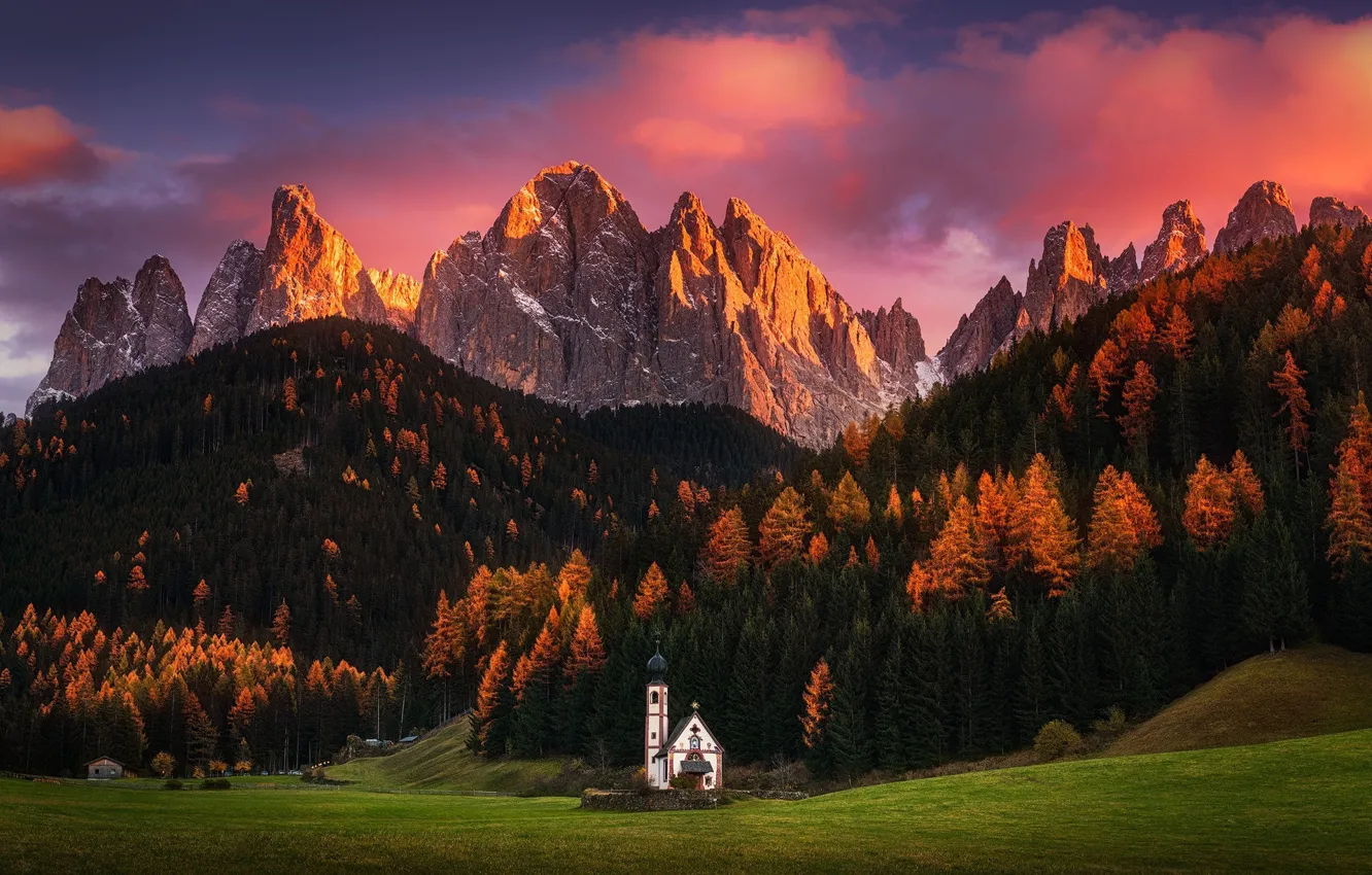 Photo wallpaper autumn, forest, the sky, clouds, light, mountains, paint, Alps