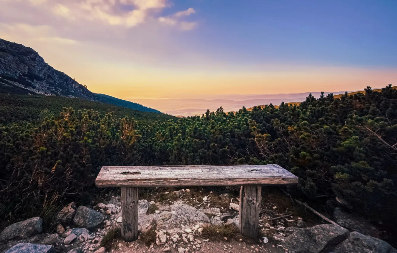 Photo wallpaper the sky, mountains, bench