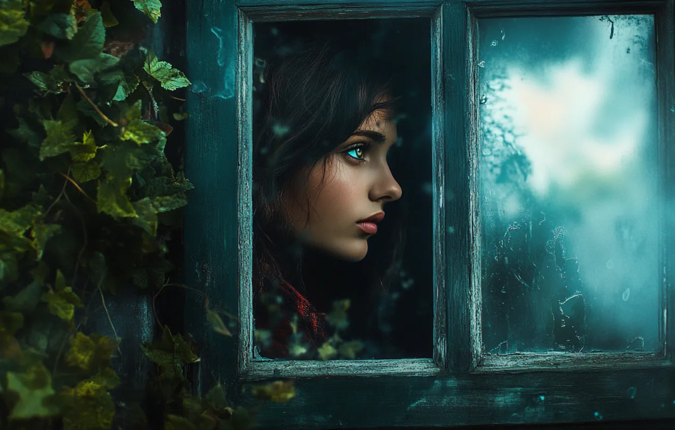 Photo wallpaper glass, leaves, girl, brunette, window, blue eyes, AI art, neural network