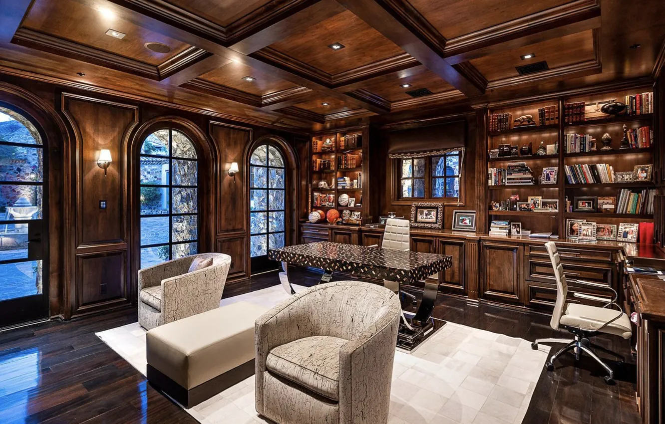 Photo wallpaper design, interior, English style, office, home office