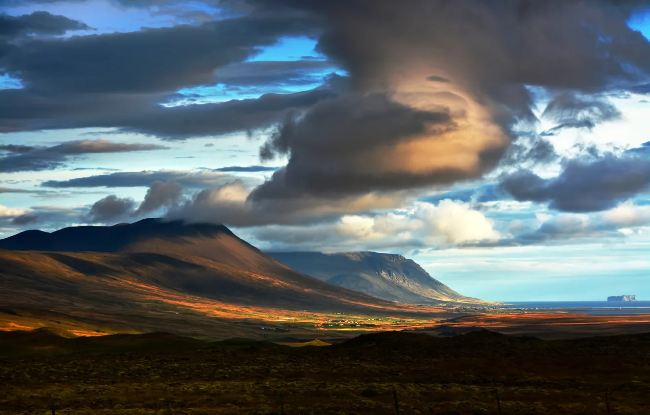 Photo wallpaper clouds, mountains, sunrise, shadows, Iceland