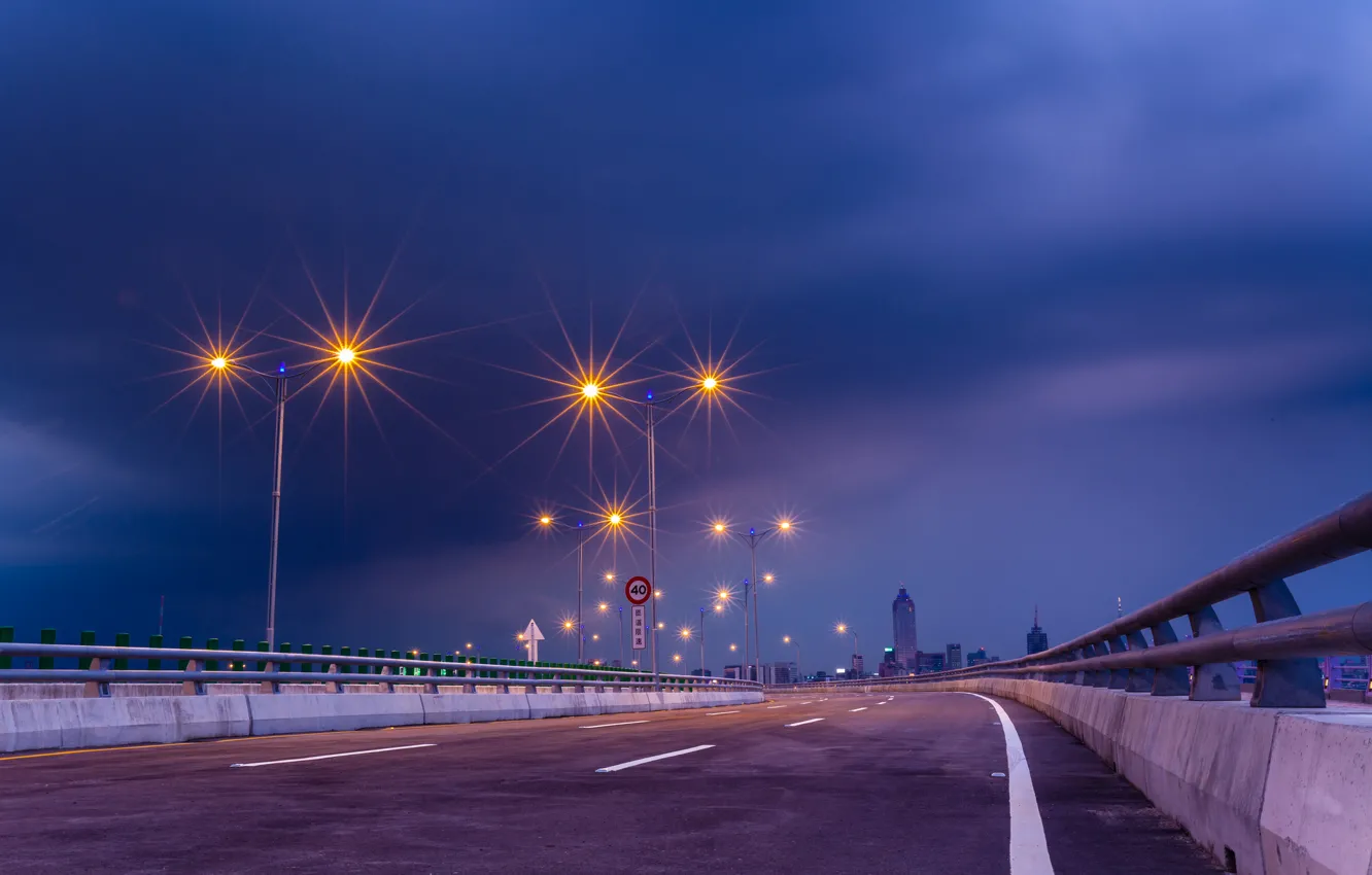 Photo wallpaper road, the sky, night, blue, bridge, the city, lighting, highway