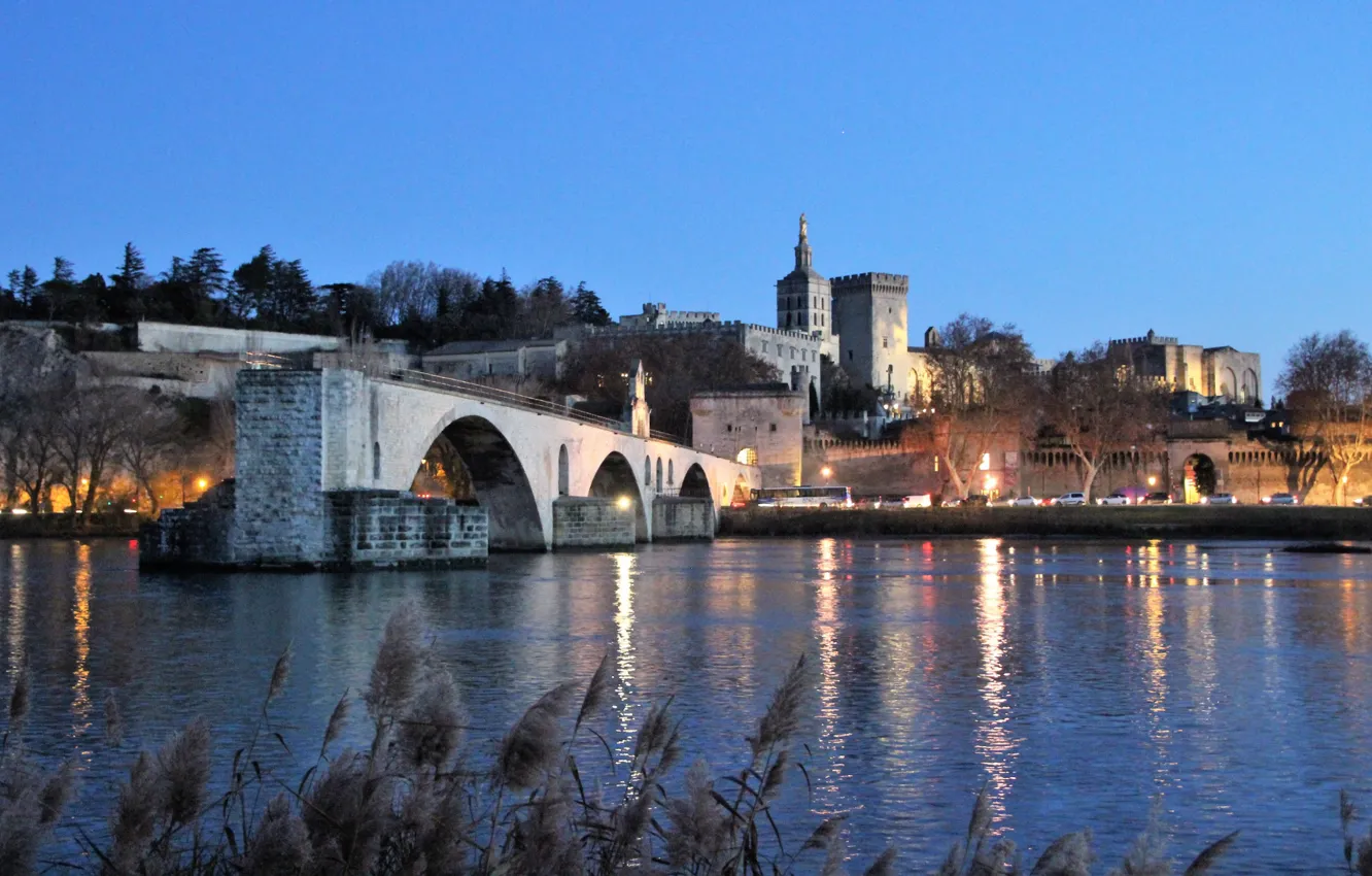 Photo wallpaper bridge, the city, river, France, tower, the evening, lighting, architecture