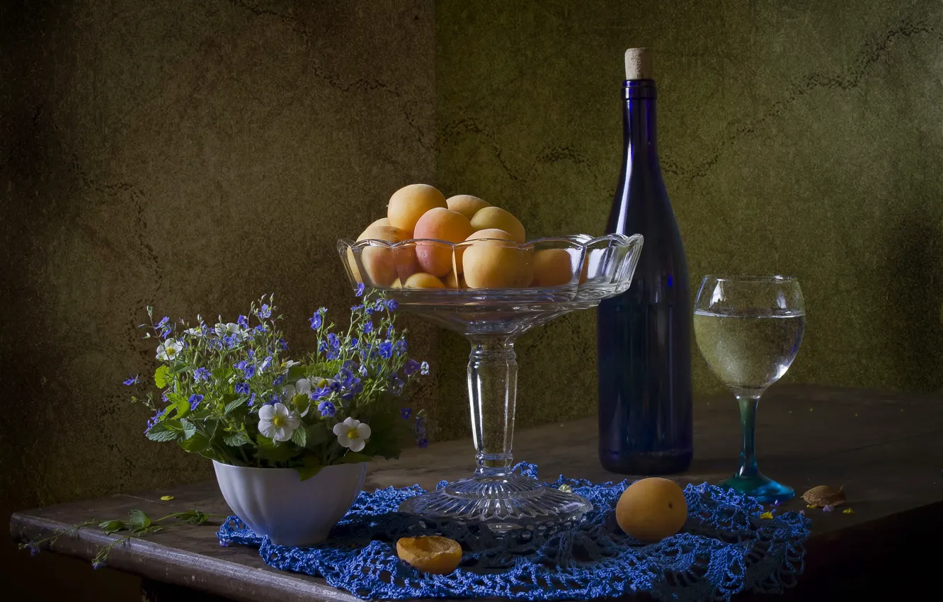 Photo wallpaper flowers, table, wine, glass, bottle, still life, peaches, items