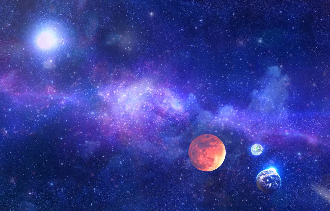 Photo wallpaper the sky, stars, planet, satellite