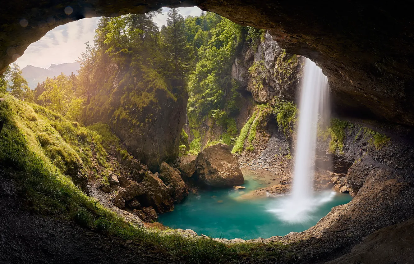 Photo wallpaper stones, rocks, view, waterfall, cave, arch