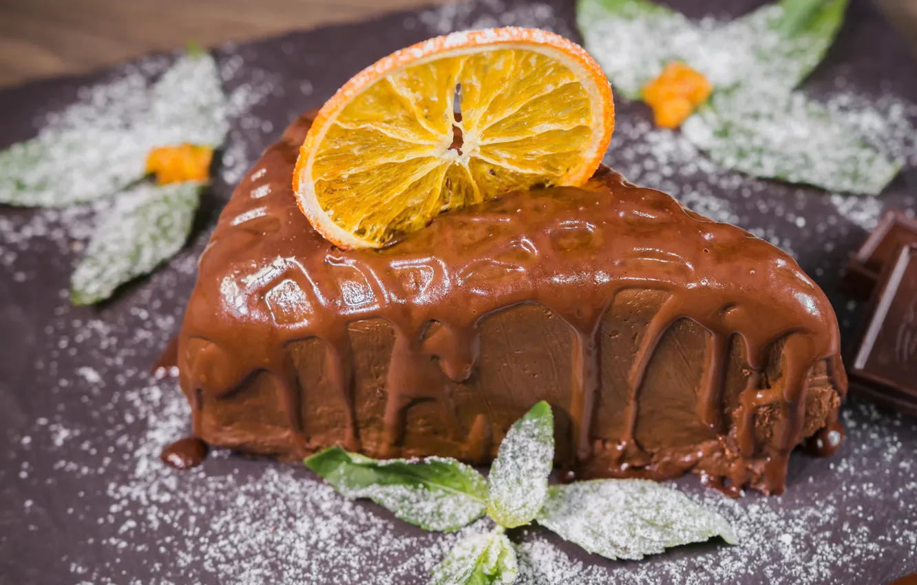 Photo wallpaper leaves, orange, chocolate, sweets, cake, bokeh, powder