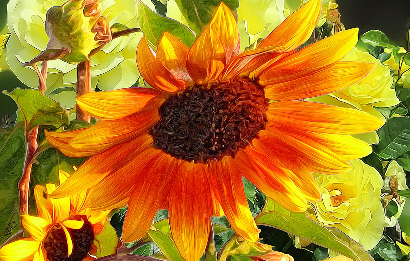 Photo wallpaper line, sunflowers, rendering, petals