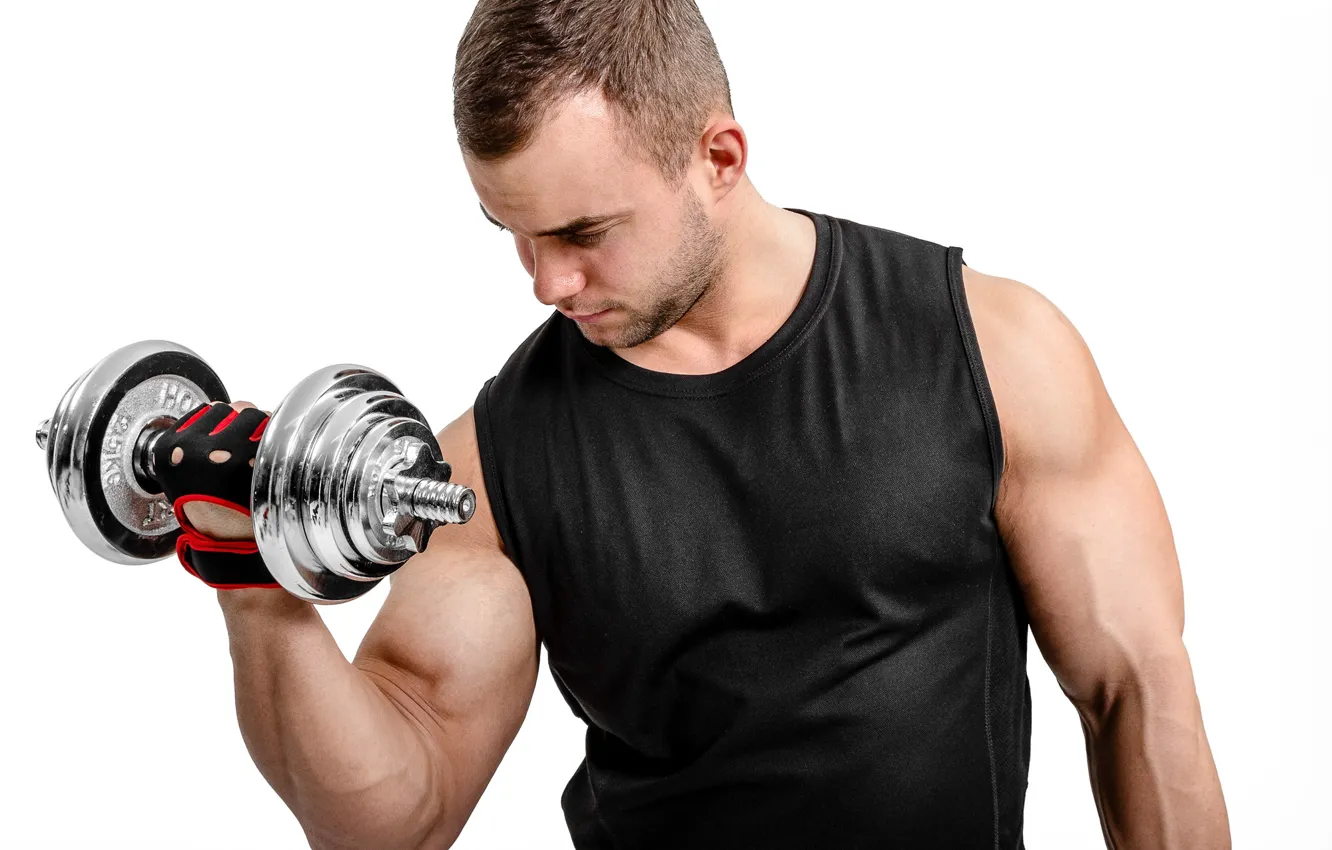 Photo wallpaper pose, Muscle, muscle, pose, dumbbells, biceps, bodybuilder, dumbbells