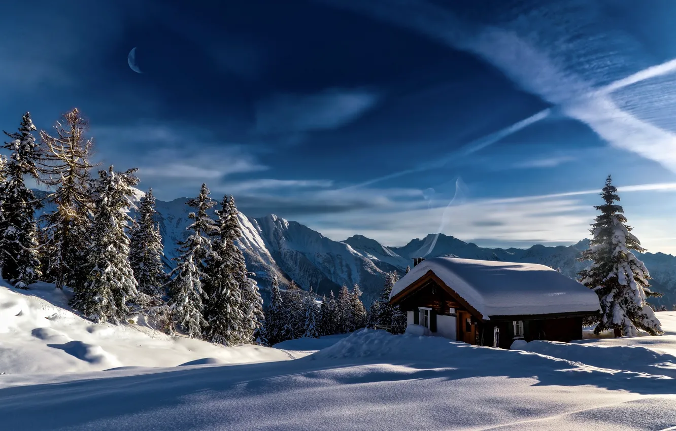 Photo wallpaper winter, snow, trees, landscape, mountains, nature, home, ate