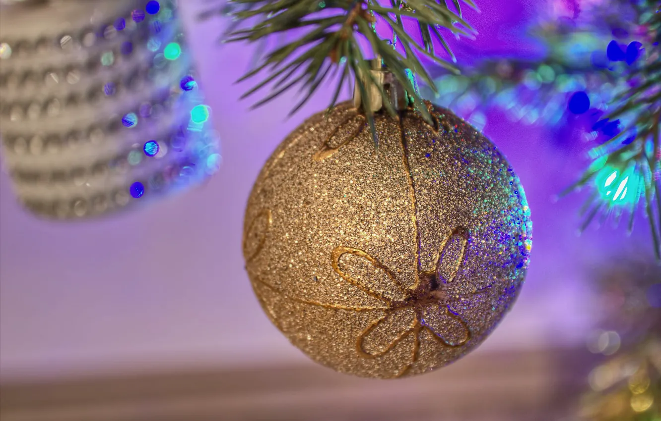 Photo wallpaper balls, branches, Shine, new year, blur, Christmas, gold, gold plated