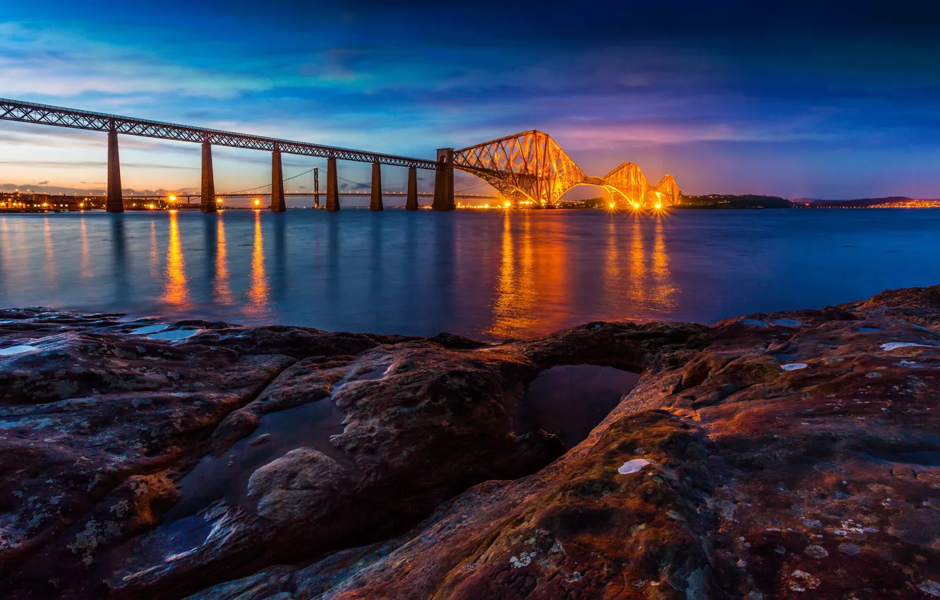 Photo wallpaper bridge, lights, river, stones, shore, the evening, Scotland, Edinburgh