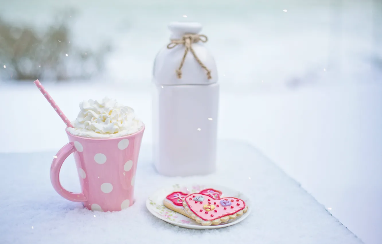 Photo wallpaper winter, snow, pink, cream, drink, heart, pink, winter
