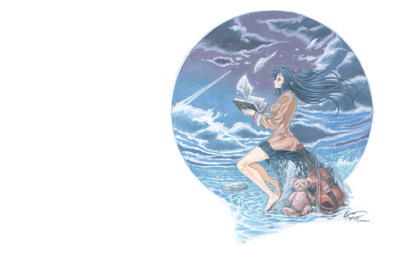 Photo wallpaper sea, girl, anime, book