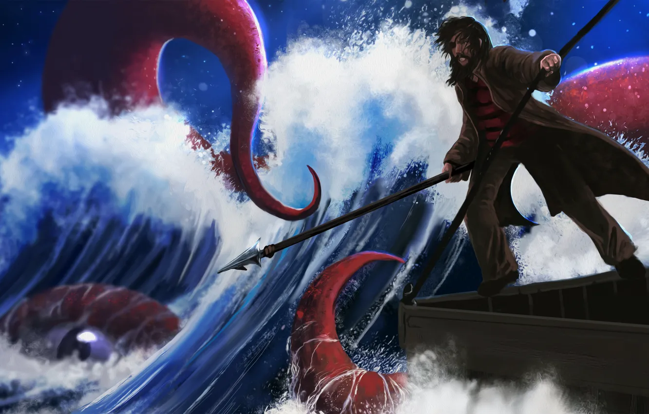 Photo wallpaper sea, look, the ocean, people, art, tentacles, spear