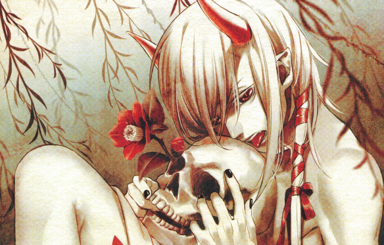 Photo wallpaper skull, the demon, red eyes, stuck out his tongue, red Camellia, youkai, by Yone Kazuki, …
