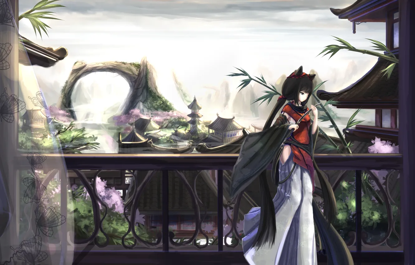 Photo wallpaper girl, the city, weapons, clothing, balcony, neko, ears, art