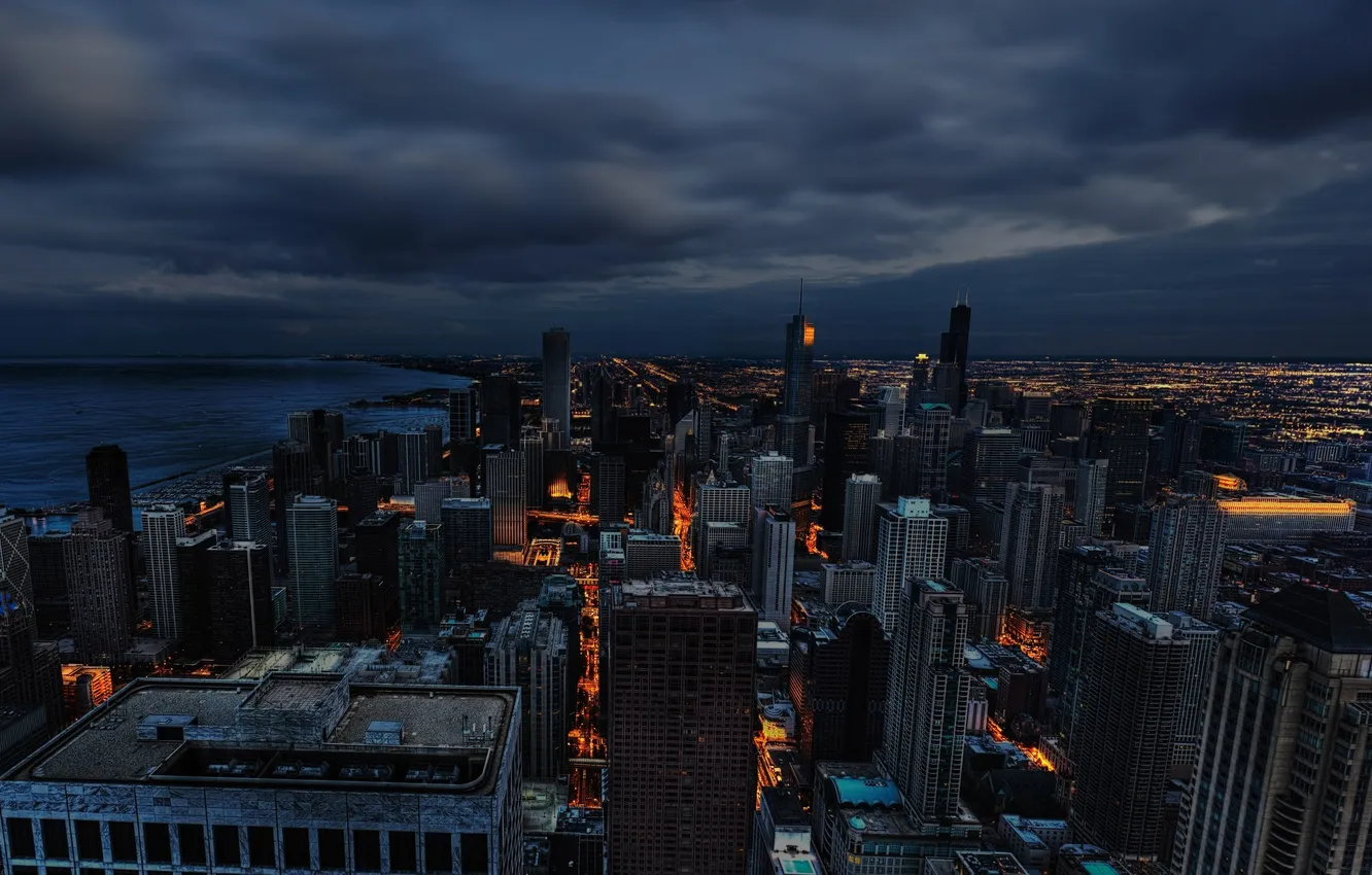 Photo wallpaper clouds, lights, building, skyscrapers, the evening, America, Chicago, Chicago